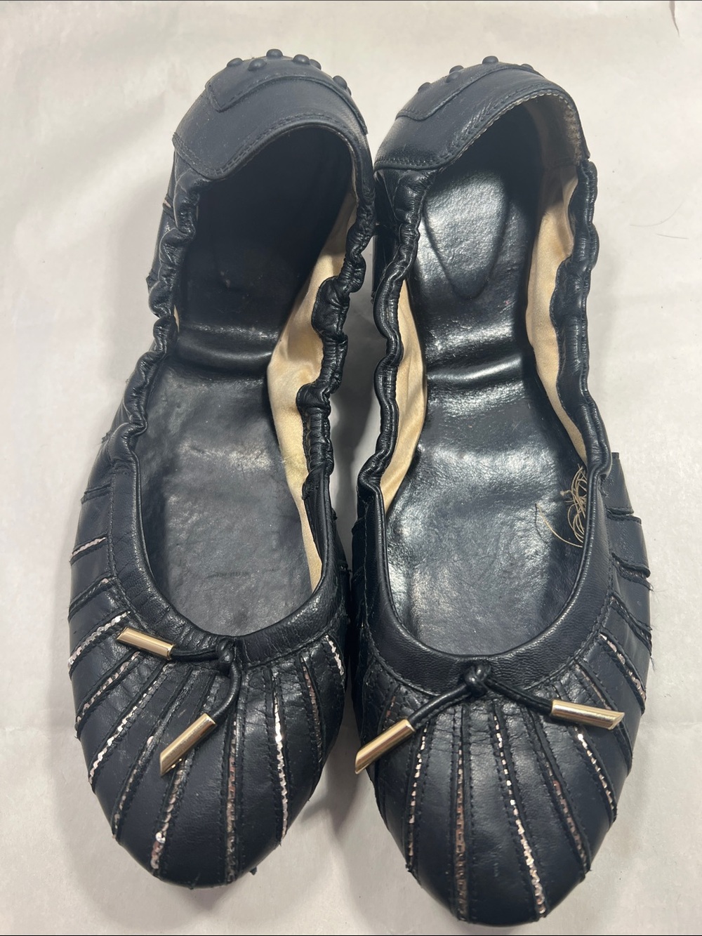Tod's Black Leather Ballet Flats with Metallic Trim